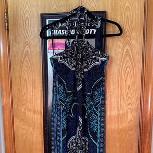 Blue and Black Halter Maxi Dress